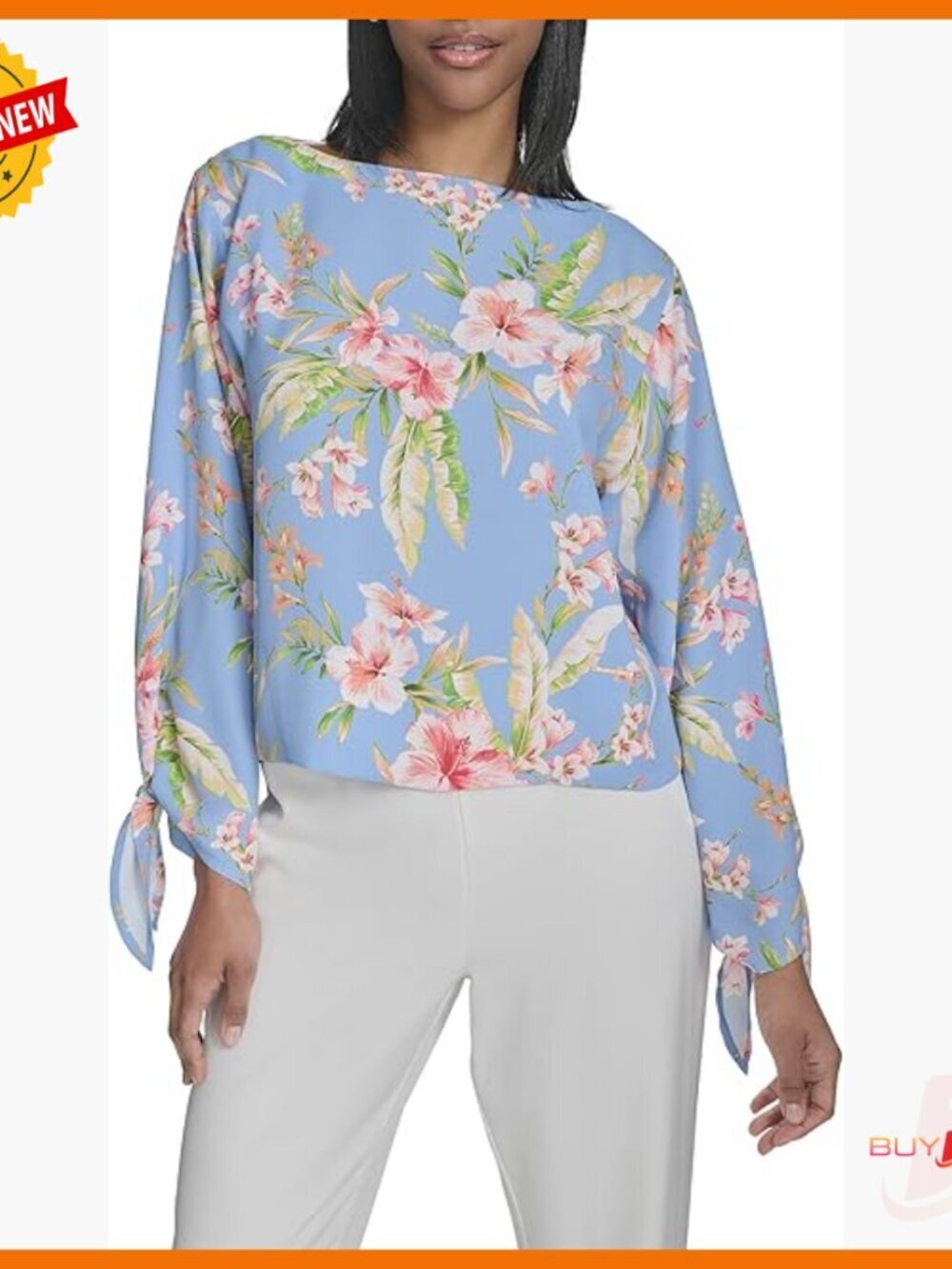 Long Sleeve Floral Blouse with Tie Detail Boat Neck Top